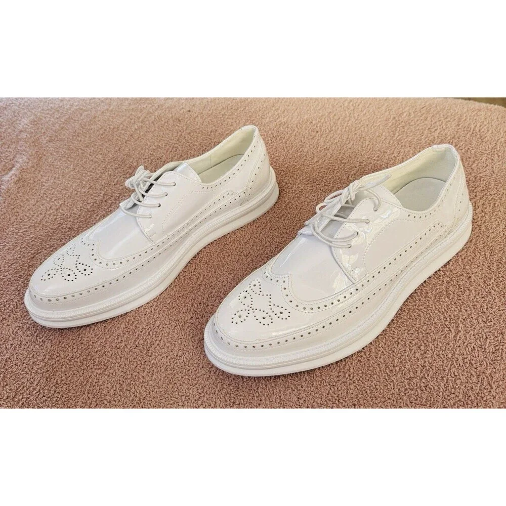 Mens White Patent Wingtip Brogues Platform Dress Shoes A310 Size 43 (size 9 Men)